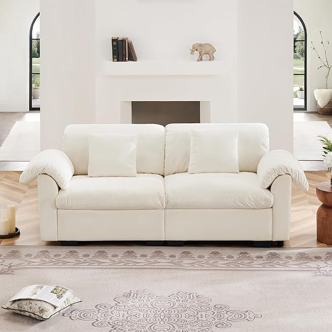 84 Small Loveseat Sofa Couch Upholstered 2-Seat Sofa with 2 Pillows Cloud Sofas with Storage Seat Velvet Comfortable Deep Couch for Living Room Small Space Apartment Removable Cover White