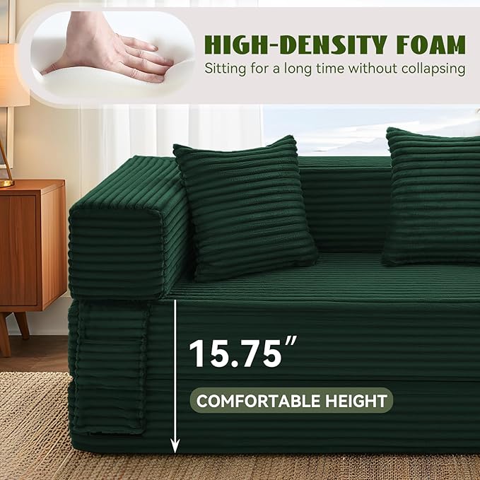 5-in-1 Folding Convertible Sofa Bed 78 Inch Corduroy Boneless Couch Loveseat Sleeper with Pull Out Bed Floor Sofa Modular Futon Couch for Living Room Small Place No Assembly Deep Green