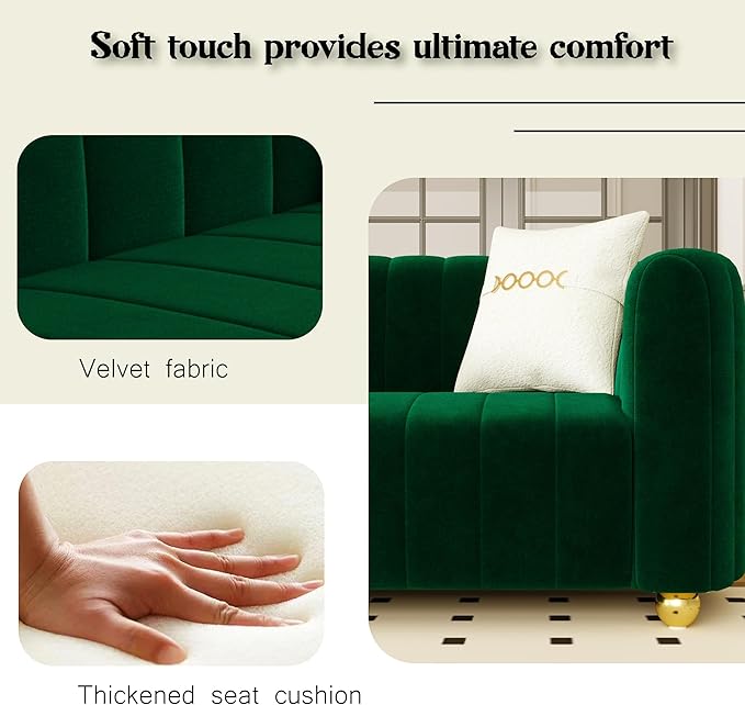 83 Green Velvet Couch Luxry Modern Sofas for Living Room Velvet Sofa 3-Seater Solid Wood Frame with Gold Metal Legs and Two Pillows Emerald Green Couch