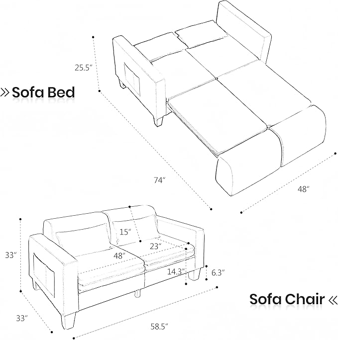 6 in 1 Multifunctional Sofa Bed 58 Convertible Pull Out Couch Loveseat Sleeper w/Removable Backrest Foldable Mat Storage Pockets &amp 2 Pillows Modern Folding Linen Sofas for Small Spaces Blue