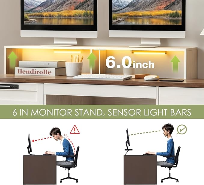 Executive Desk with File Storage Drawer 63 Lift Top Farmhouse Home Office Gaming Desk with Charging Station 3 Drawers Sensor Lights Wood Computer Table with Monitor Stand Antique White