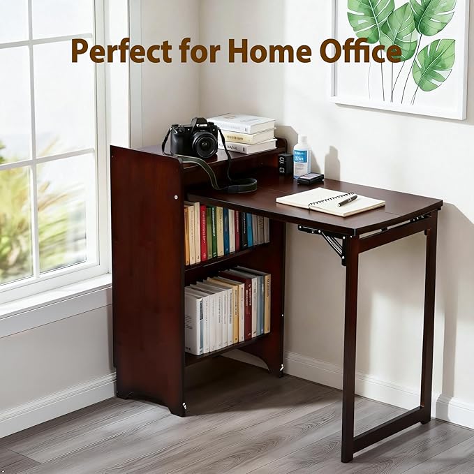 Bamboo Folding Desk with Storage Mid Century Fold Out Table Space Saving Foldable Desk for Small Spaces Multi-Functional Computer Desk for Home Office Bedroom Apartment &amp Dorm