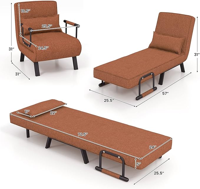 Giantex Convertible Sofa Bed 4-in-1 Sleeper Chair with Pillow Modern Recliner Guest Bed with 6 Position Adjustable Backrest Metal Legs Linen Fabric Armchairs for Nursery Living Room Office (Brown)