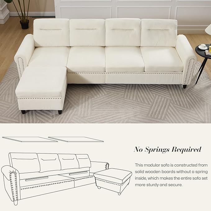 ABET 106 Inch Modular L-Shaped Sectional Couch with Ottoman 4 Deep Seat Convertible Sofa with Ottoman Nailhead Decor Comfy Upholstered Cushion for Living Room Bedroom Apartment Off-White-Beige