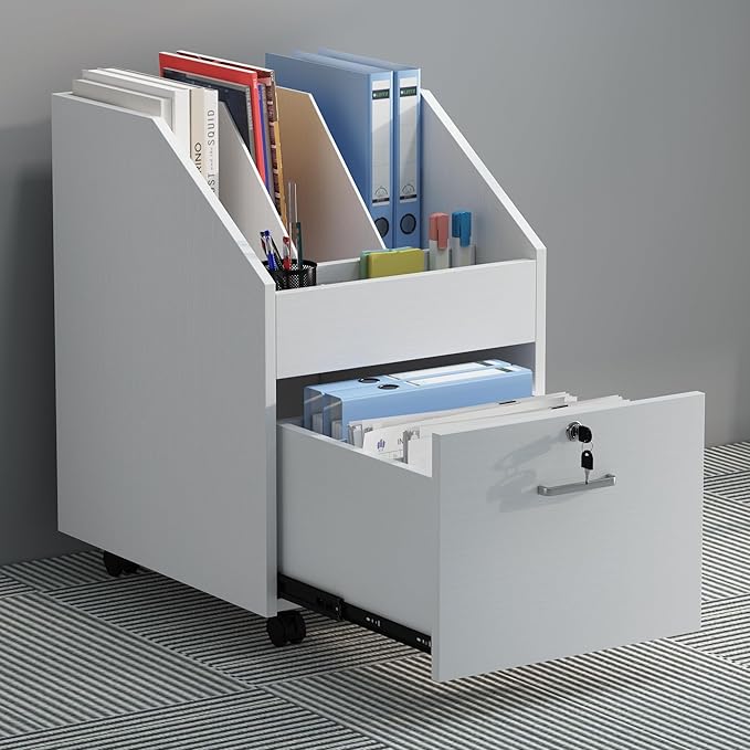 Modern File Cabinet with Lock Small Rolling Filing Cabinets for Home OfficeOffice Storage Cabinet for A4/Letter/Legal Size File(White)