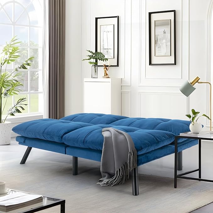 Convertible Futon Double Sofa Bed2 in 1 with Adjustable Backrest Memory Foam Loveseat for Living Room Bedroom Office Apartment Compact Sofa(Blue)