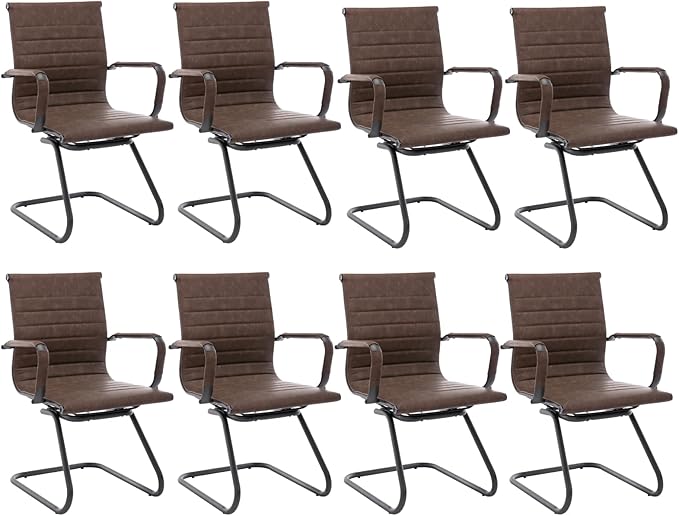 CIMOTA Waiting Room Chairs Set of 8 Leather Office Guest Chair Mid Back Reception Chairs with Sled Base for Meeting/Patient/Conference Room Retro Brown 8PCS