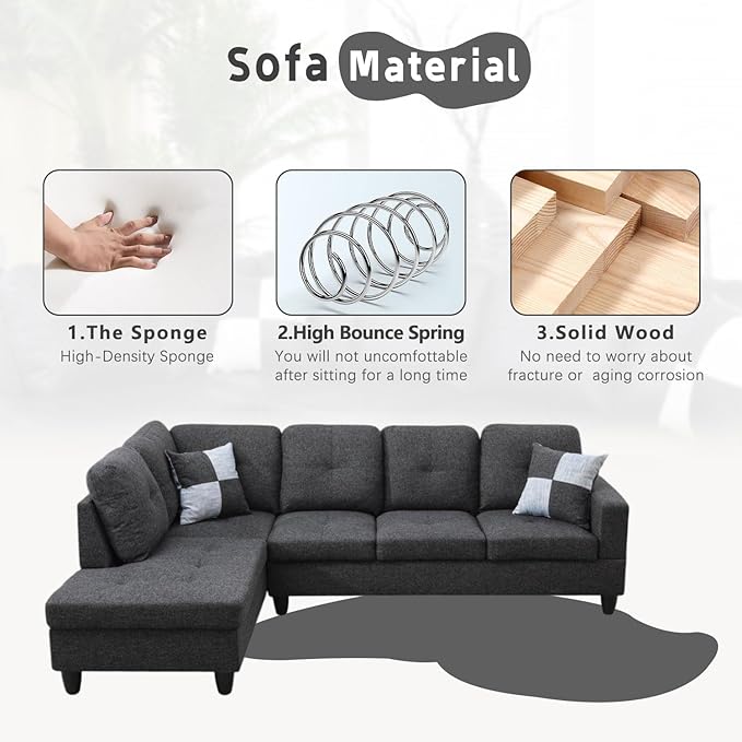 L-Shaped 3-Piece Flannel Sofa with Storage Ottoman Set Sectional Couch Sofa Set for Living Room Office Small Space Black Grey