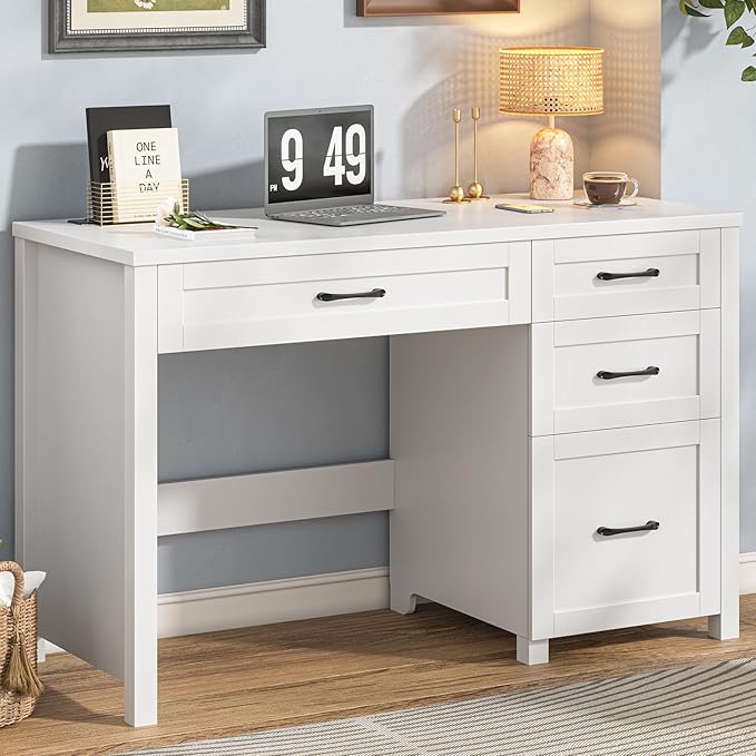 Farmhouse 47 Executive Desk Computer Desk with File Drawer and Charging Station Workstation for Home Office Study.（Cream White