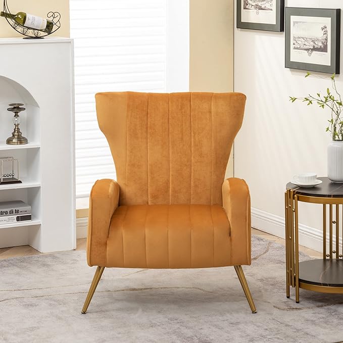 Modern Velvet Accent Chair Channel Tufted Bedroom Office or Living Room Furniture with Elegant Metal Legs 26 Wide Armchair Mustard Yellow