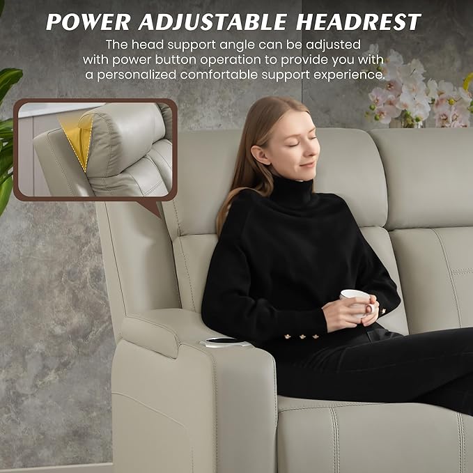 Dual Motor Power Reclining Sofa Breathable Leather Reclining Couch with Power Headrest/LED Light/Armrest Storage Recliner Sofa 3 Seater for Living Room (Grey 3 Seater)