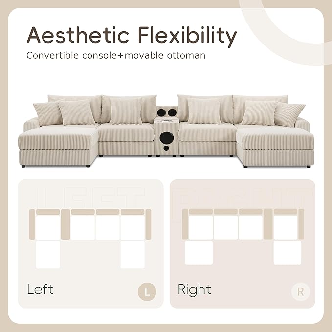 141.5 * 64'' Corduroy Sectional Sofa with Bluetooth Speakers U-Shaped Couch with Console USB Charger Cup Holders and Ottoman Deep and Wide Seat Cloud Sofa for Living Room&ampApartment Cream