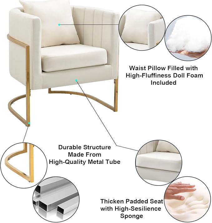 X-VOLSPORT Velvet Accent Chair Modern Barrel Arm Chair for Living Room/Bedroom/Guest Reception Upholstered Club Armchair with Pillow &amp Gold Base White