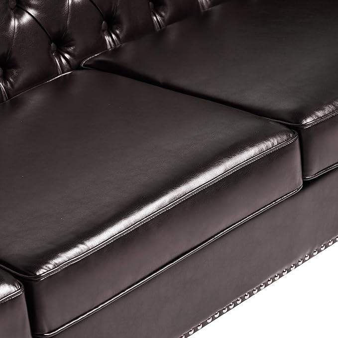 LEVNARY Chesterfield Chair Leather Upholstered Sofa Chair with High Back Mid-Century Modern Armchair with Solid Wood Legs Single Couches for Living Room (Brown)