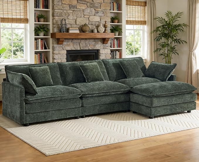 Modular Sectional Sofa Deep Seat Chenille L Shaped Couch with Throw Pillows &amp Movable Ottoman 3 Seater Comfy Cloud Sectional Couches for Living Room Bedroom Apartment Green