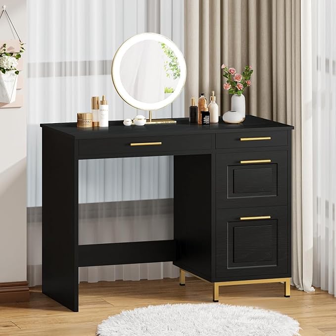 4 EVER WINNER Black Desk with Drawers Modern Home Office Desks with Golden Handles and Drawers Computer Table for Small Spaces Black and Gold Desk
