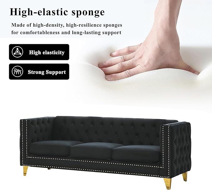 80.5 Chesterfield Velvet Sofa for Living Room3-Seater Sofa Loveseat Tufted Couch with Two PillowsRolled Arms and Nailhead for Living RoomBedroomOfficeBlack