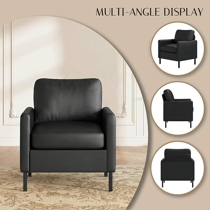AODAILIHB Black Leather Accent Chair Set of 2 Modern Accent Chairs with Arms Small Side Chair 2 Pocket/Thick Cushion Single Sofa Comfy Couch for Living Room/Waiting Room/Office (2 Black)