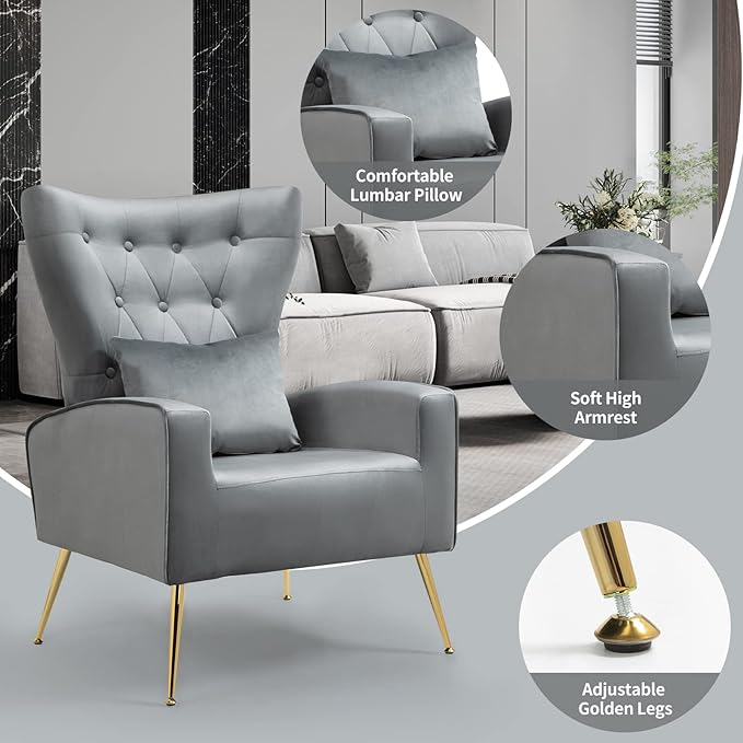 Velvet Accent Arm Chairs Set of 2 Mid-Century Armchairs with Wingback &amp Lumbar Pillow for Living Room Bedroom Guest Reception Chair for Office Button-Tufted Gold Finish Grey
