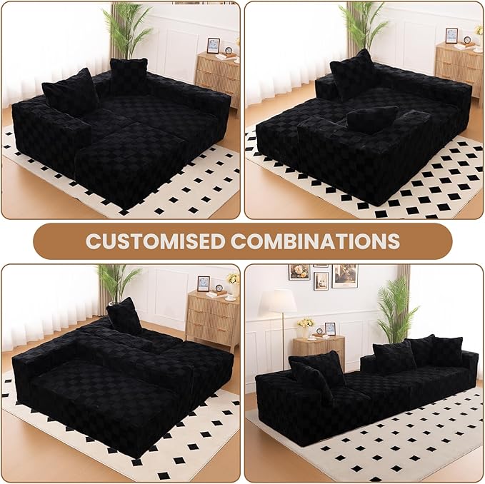 Modular Sectional Sofa 108 L-Shaped Boneless Couch with Deep Seat Corduroy Cloud Couch for Living Room Bedroom No Assembly Required Ship in a Box Checkered Black