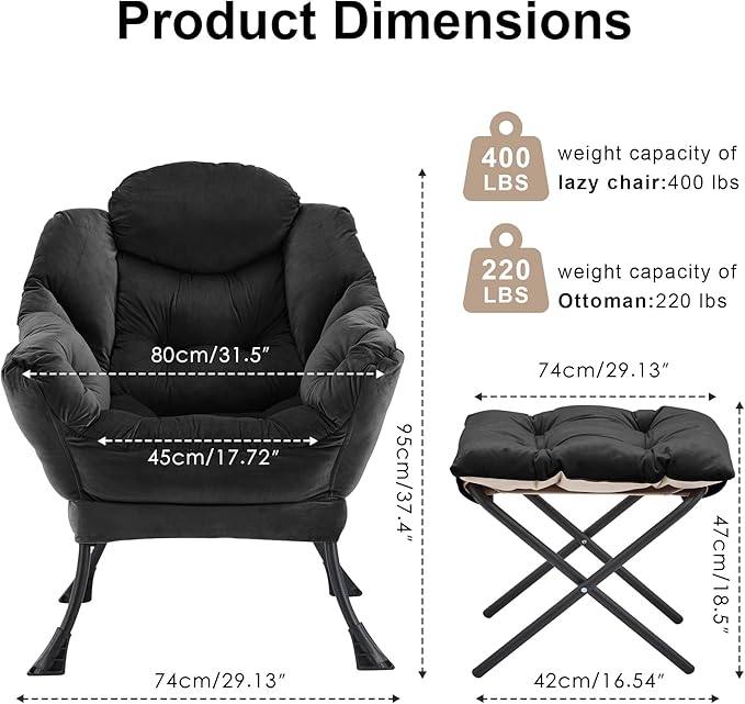 Lazy Chair with OttomanOversized Accent Chair with Thick Cushion Side PocketModern Lounge Arm Reading Chair and Folding Footrest for Living RoomBedroomOfficeDormApartment Black