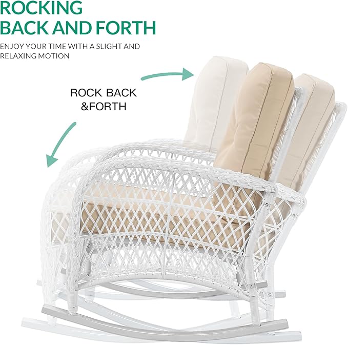 VIVIJASON 2 Piece Patio Wicker Rattan Rocker Chair Outdoor Rattan Rocker Chair with Cushions &amp Steel Frame All-Weather Rocking Lawn Wicker Furniture for Garden Backyard Porch (White Wicker/Beige