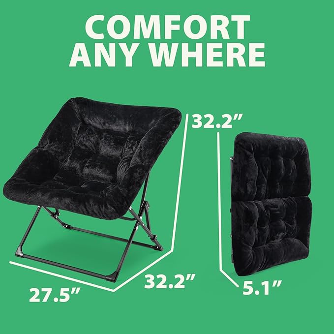 OAKHAM Comfy Chair for Adults Soft Faux Fur Folding Lounge for Bedroom Living Room Dorm Rooms Flexible Reading Chair for Teens Kids X-Large Foldable (Faux Fur-Black)