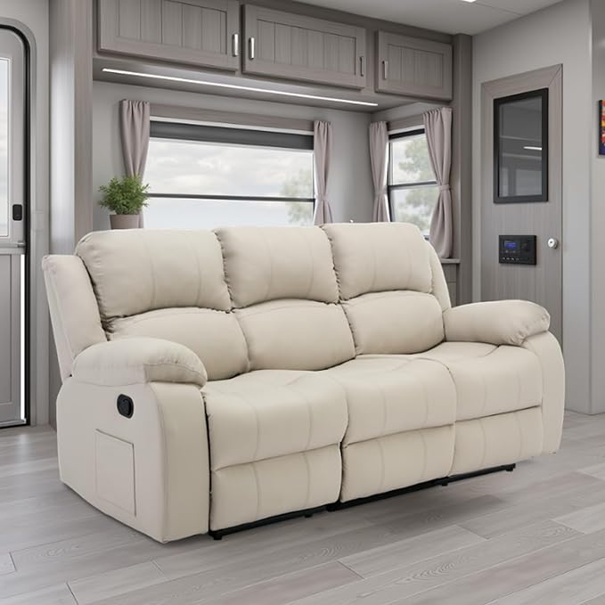 3 Seat Reclining Sofa Leather 3-Seater Manual Reclining Couch with Side Pocket Easy Assembly Reclining Loveseat Sofa for Living Room Meeting Room Bedroom Office Apartment RV