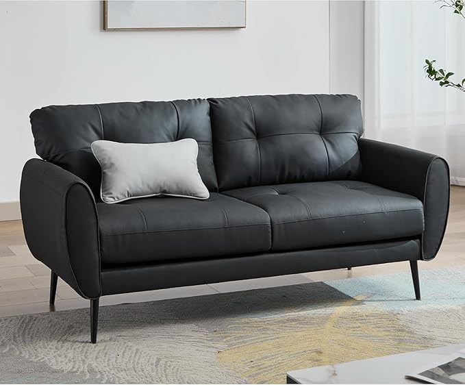 TYBOATLE Sofa Couch 61 Small Loveseat Couches for Living Room Black Faux Leather Couch Mid Century Modern Tufted Mini Sofa Comfy Office 2 Seat Settee Love Seat Couches for Small Spaces Bedroom
