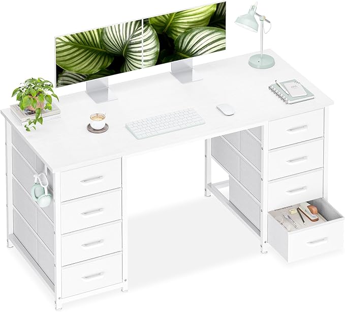 Casaottima 48 Inches Computer Desk with 8 Fabric Drawers Modern Office Desk with Large Storage for Home Office Study White