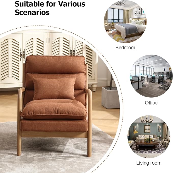 INZOY Accent Chairs Set of 2 Mid Century Modern Accent Chair with Wood Frame Upholstered Reading Armchair with Waist Cushion Side Chair for Living Room Bedroom Office Easy Assembly Brown