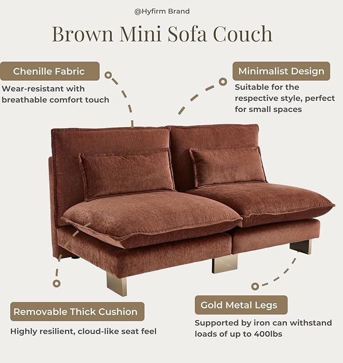 Small Modular Sofa Armless Loveseat Modern 2-Seats Mini Sofa Couch with Pillows Convertible Love Seat with Gold Legs for Small Spaces Living Room Brown Chenille