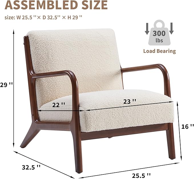 SILKIR Mid-Century Modern Accent Chair with Cushions Living Room Chair with Solid Wood Frame Lounge Chair Chair for Living Room Office Bedroom Lambswool White