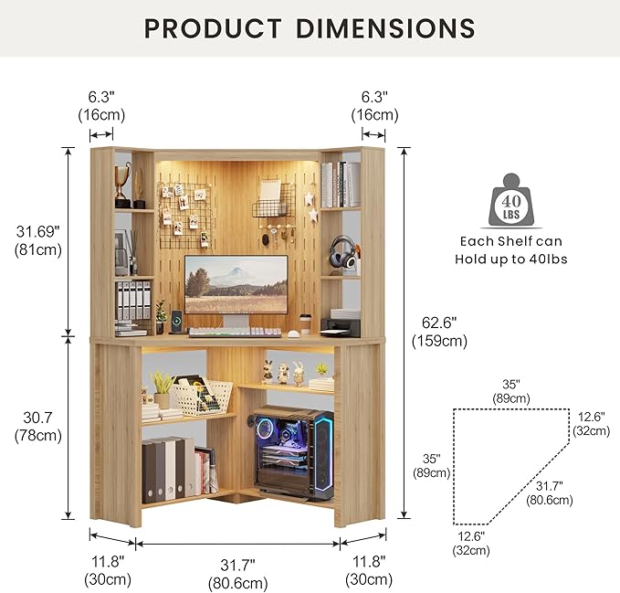 Corner Desk with - LED Reading Light L-Shaped Computer Desk w/Hutch &amp Shelves Home Office Desk w/Charging Station for Work &amp Study File Cabinet Storage Bookshelf for Small Space (Natural)