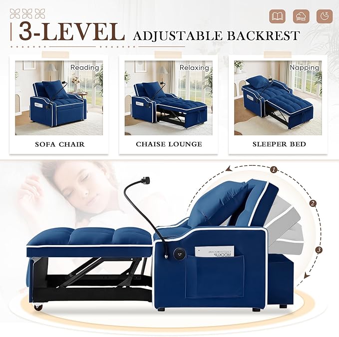 Convertible Sleeper Chair Sofa Bed3 in 1 Velvet Tufted Pull Out Couch with Phone Holder &amp USB PortsFuton Small Couch Bed with Cup Holders &amp Adjustable Backrest for Living RoomSmall Place(Bl