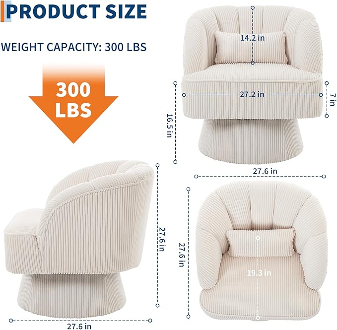 GarveeHome Modern Swivel Barrel Accent Chair 360° Velvet Upholstered Armchair with Striped Backrest &amp Plush Padding Comfy Round Lounge Chair (2 Beige + Corduroy)