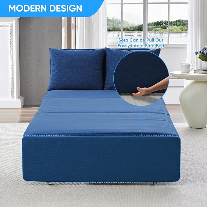 Mjkone 43 Width Twin Size Sleeper Sofa Bed 2-in-1 Modern Convertible Linen Sofa Sleeper Pull Out Couch Bed with Cushions &amp Throw Pillows for Living Room Home Office Small Place Blue