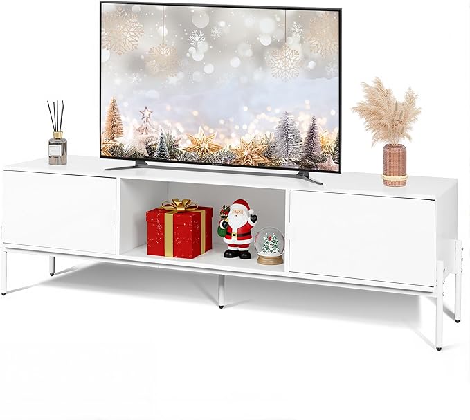 WLIVE TV Stand for 65 Inch TV Mid Century Modern Entainment Center with 2 Storage Cabinets &amp Open Shelf TV Console Table Media with Metal Legs for Living Room Bedroom White