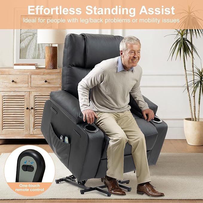 Power Lift Recliner Sofa Chair Electric Stand Assit for Elderly People Leather Reclining Chair with Cup Holders Massage &amp Heat Functions Living Room or Bedroom Furniture for Resting Black