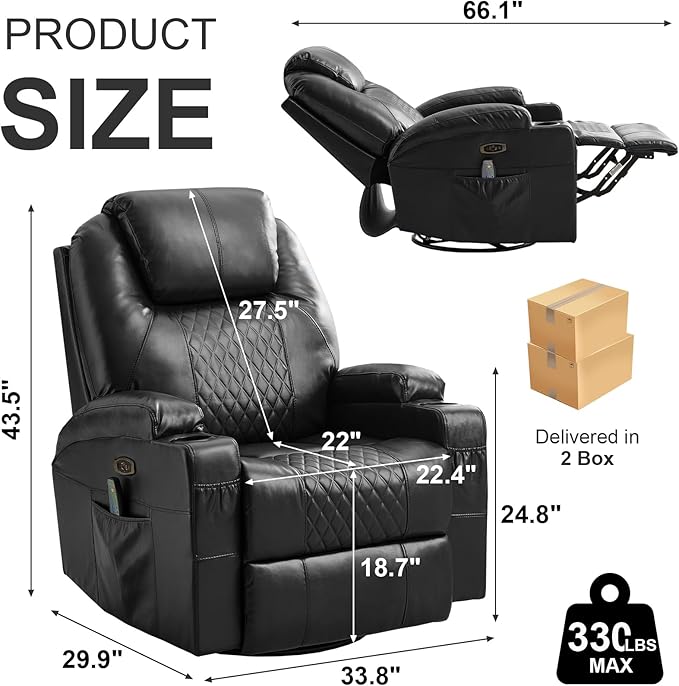 Power Swivel Rocker Recliner Chair for Adults with Heat and Massage LED Lights USB-A and USB-C Ports Electric Glider Recliner Nursery Chair for Living Room (Black Set of 2)