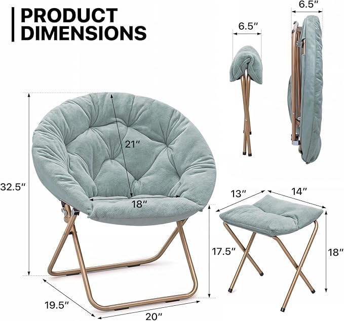 MoNiBloom Round Folding Faux Fur Saucer Chair for Bedroom Living Room Dorm Foldable Metal Frame Oversized Large Comfy Soft Lounge Lazy Cozy Moon Chair with Footrest Ottoman for Adults (Teal Blue)