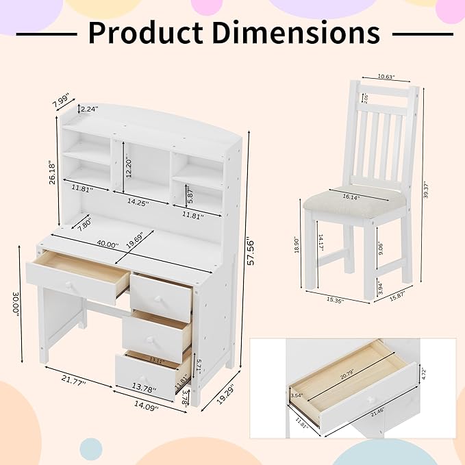 Wooden 40'' Home Office Desks with Bookshelf and Upholstered Chair Versatile Writing Desk Office Study Workstation with 4 Drawers and Storage Shelf for Office Study Room Bedrooms (White-Wood)