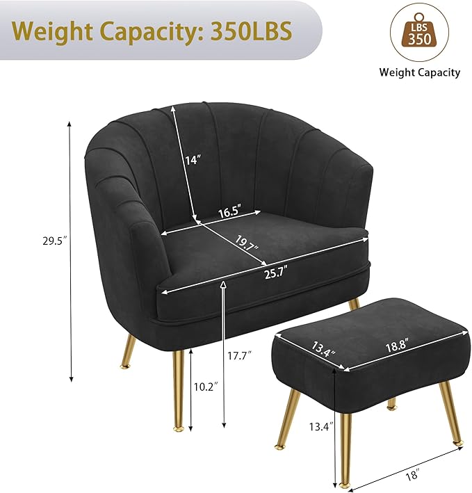 Andeworld Velvet Accent Chair with Ottoman Upholstered Modern Single Sofa Side ChairComfy Barrel Club Living Room Armchair with Golden Metal Legs for Bedroom Living Reading Room Office Black