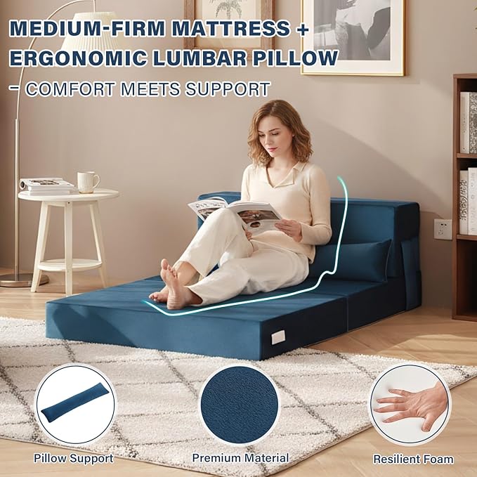 Tiita Folding Sofa Bed Couch Twin Size Foldable Futon Chair with Pillow Folding Sleeper Sofa Chair Bed Floor Mattress for Guest Room Living Room Blue