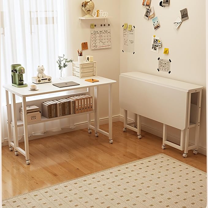 31.5 Mobile Folding Desk with Wheels Small Foldable Desk for Small Spaces Computer Table Writing Workstation for Home Office Easy Assembly White