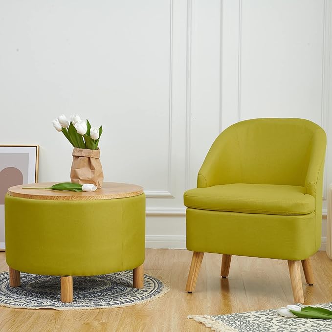 SIMPLEOPULENCE Accent Barrel Chair for Living Room Modern Fabric Upholstered Club Chair with Curved-Back and Solid Wood Legs Comfy Armchair Single Sofa for Bedroom Reading Room Guestroom(Green)