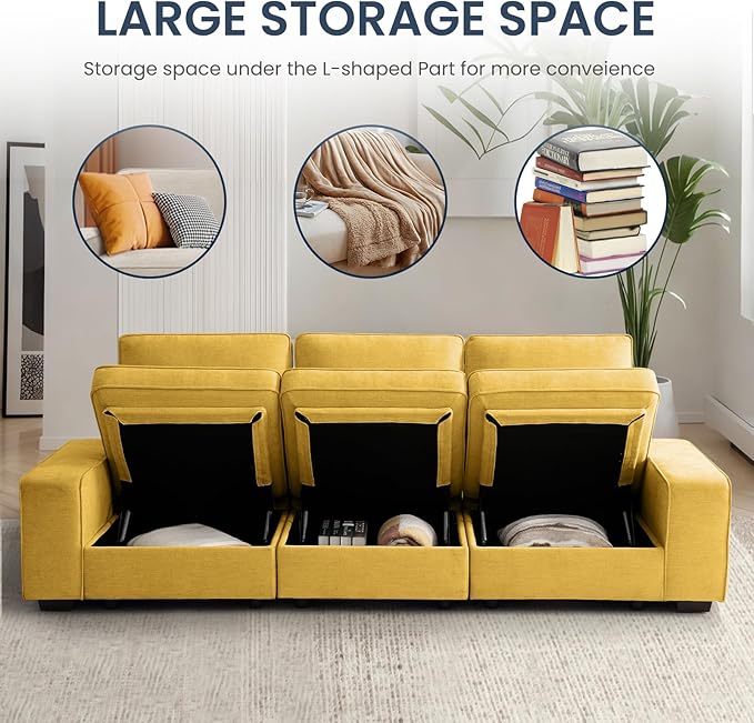 TEKAMON 128 Modular Sofa Couch with Seat Storage Chenille SofaModern Comfy 4-Seater Couch for Living Room Office Apart W/Deep Seat Wide Armrest USB Pockets Removable Covers (Yellow)