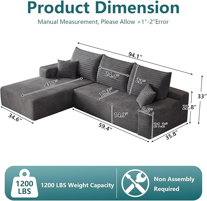 95 Modular Sectional Couch Boneless L Shaped Cloud Sofa with Chaise Lounge Corduroy Upholstered Couches Memory Foam Deep Seat No Assembly Required Ideal for Living Room(Dark Gray Left Facing)