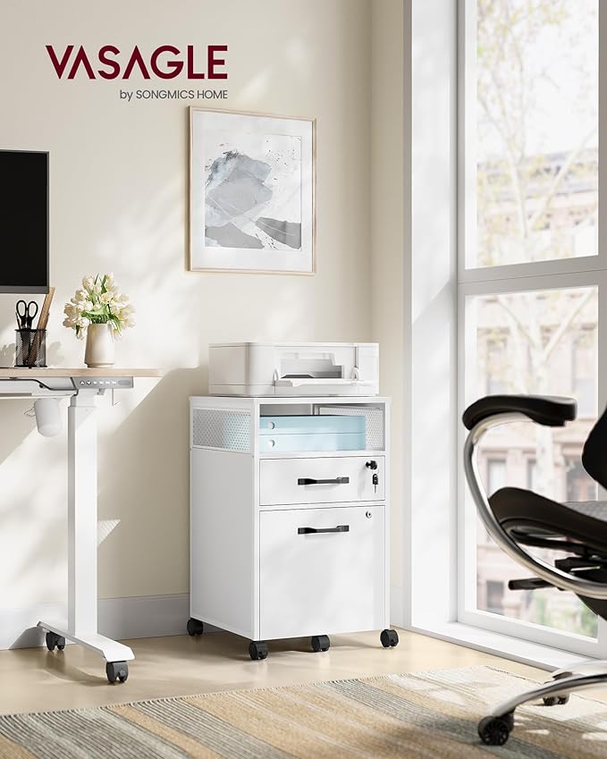 VASAGLE File Cabinet Mobile Filing Cabinet with Wheels 2 Lockable Drawers Open Shelf for A4 Letter Size Hanging File Folders Cloud White UOFC077W14