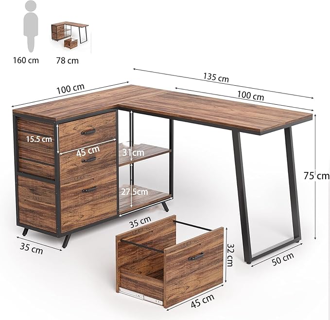 LITTLE TREE Reversible 53-inch L Shaped Desk with 3 Drawer Farmhouse Corner Desk Gaming Table with Shelves and File Cabinet for Letter Size &amp Legal Size File for Home Office and Small Space Brow